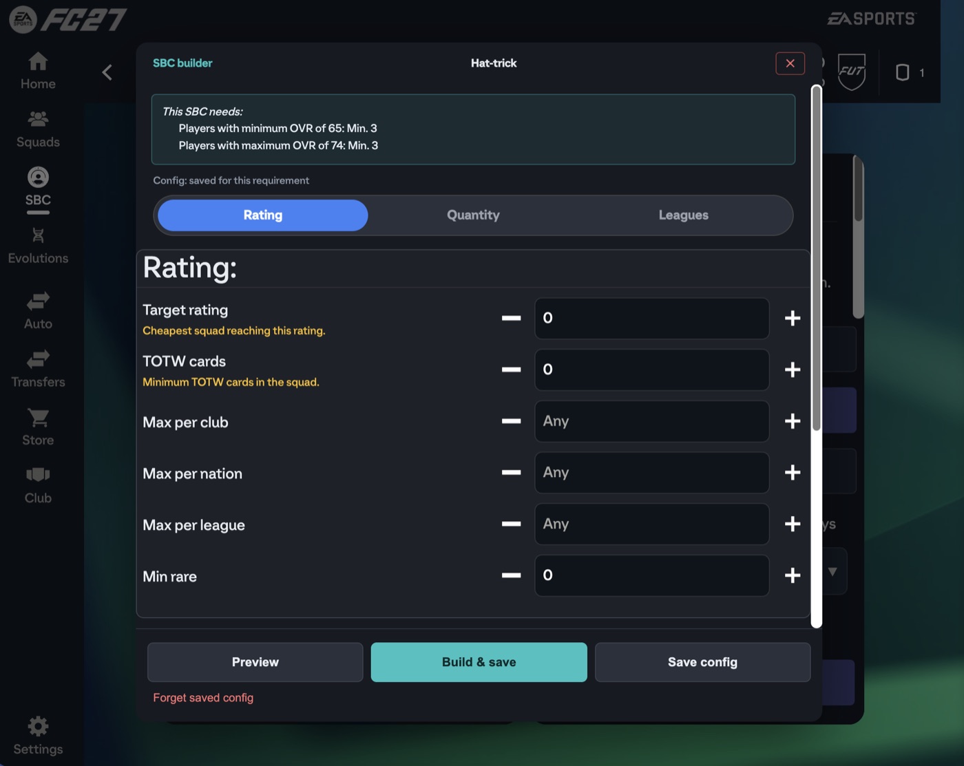 Bộ dựng đội SBC của ABFut, chế độ Rating: rating mục tiêu, thẻ TOTW, giới hạn mỗi CLB, quốc gia, giải