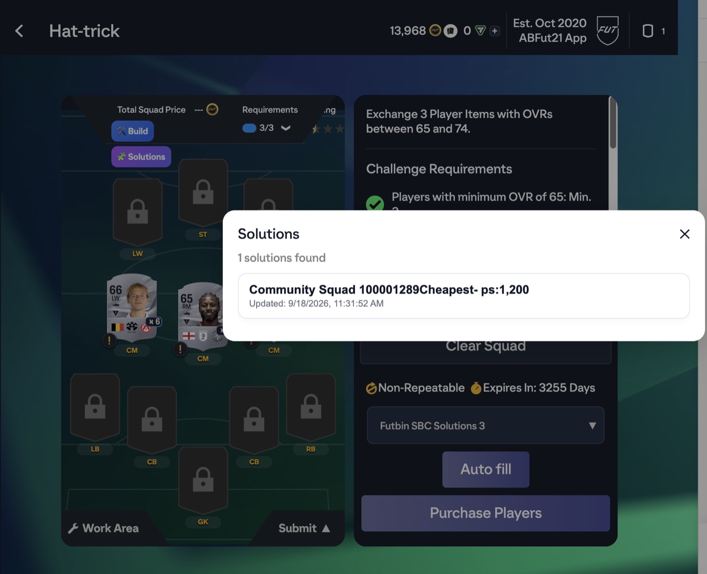 Danh sách lời giải SBC trong ABFut, có nút Auto fill và Purchase Players